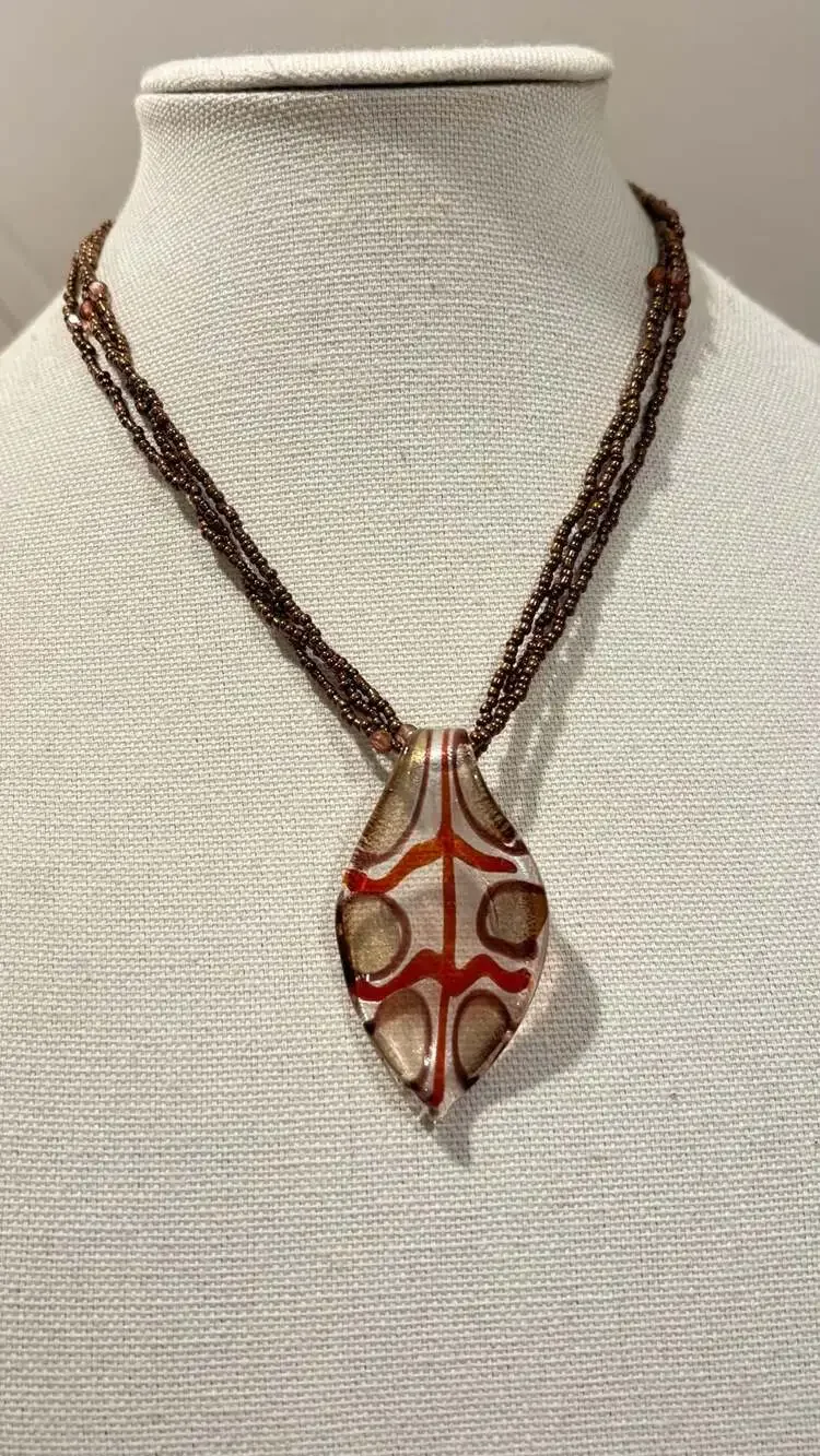 Artisan Hand-Blown Leaf Art Glass Pendant Multi-Strand Bronze Necklace